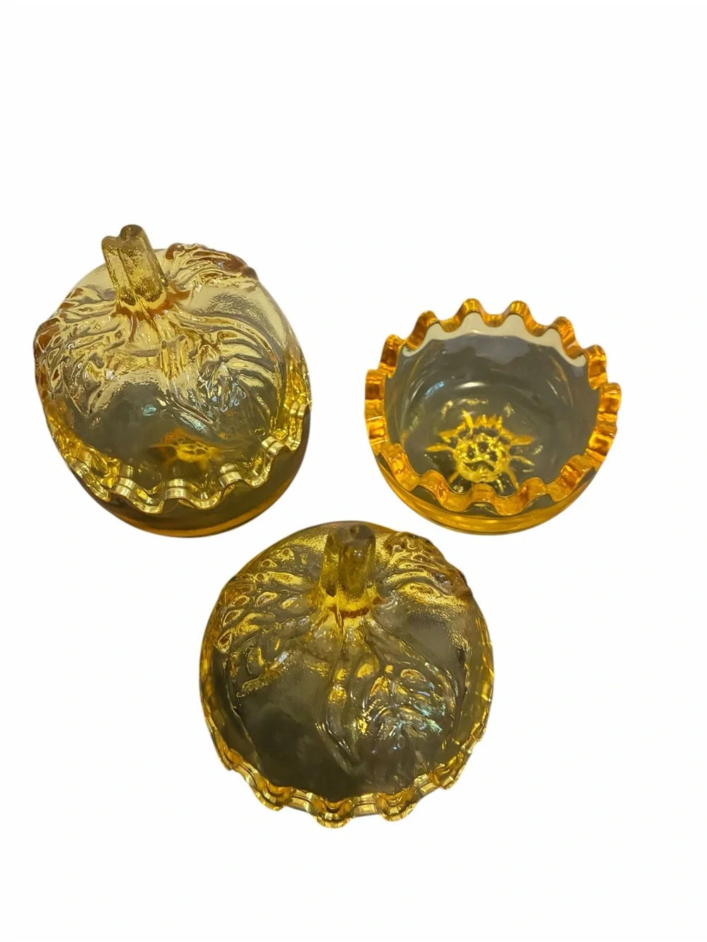 Vintage Amber Glass Pumpkin Candy Dish Set Scalloped Edge Fall Decor 2pc Yellow